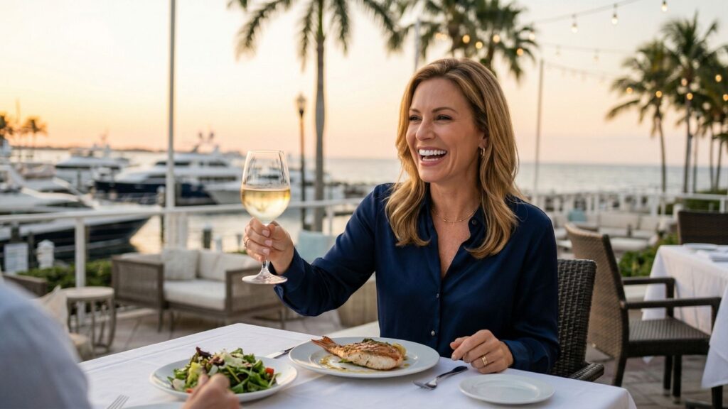 A confident woman laughing joyfully at a waterfront Boynton Beach restaurant with a radiant, clean smile