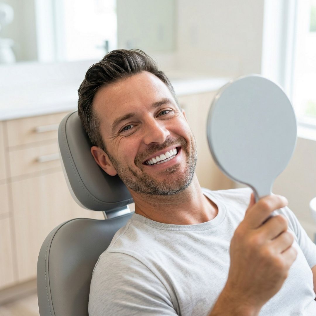 male patient admiring his brilliantly clean, sparkling smile in a hand mirror