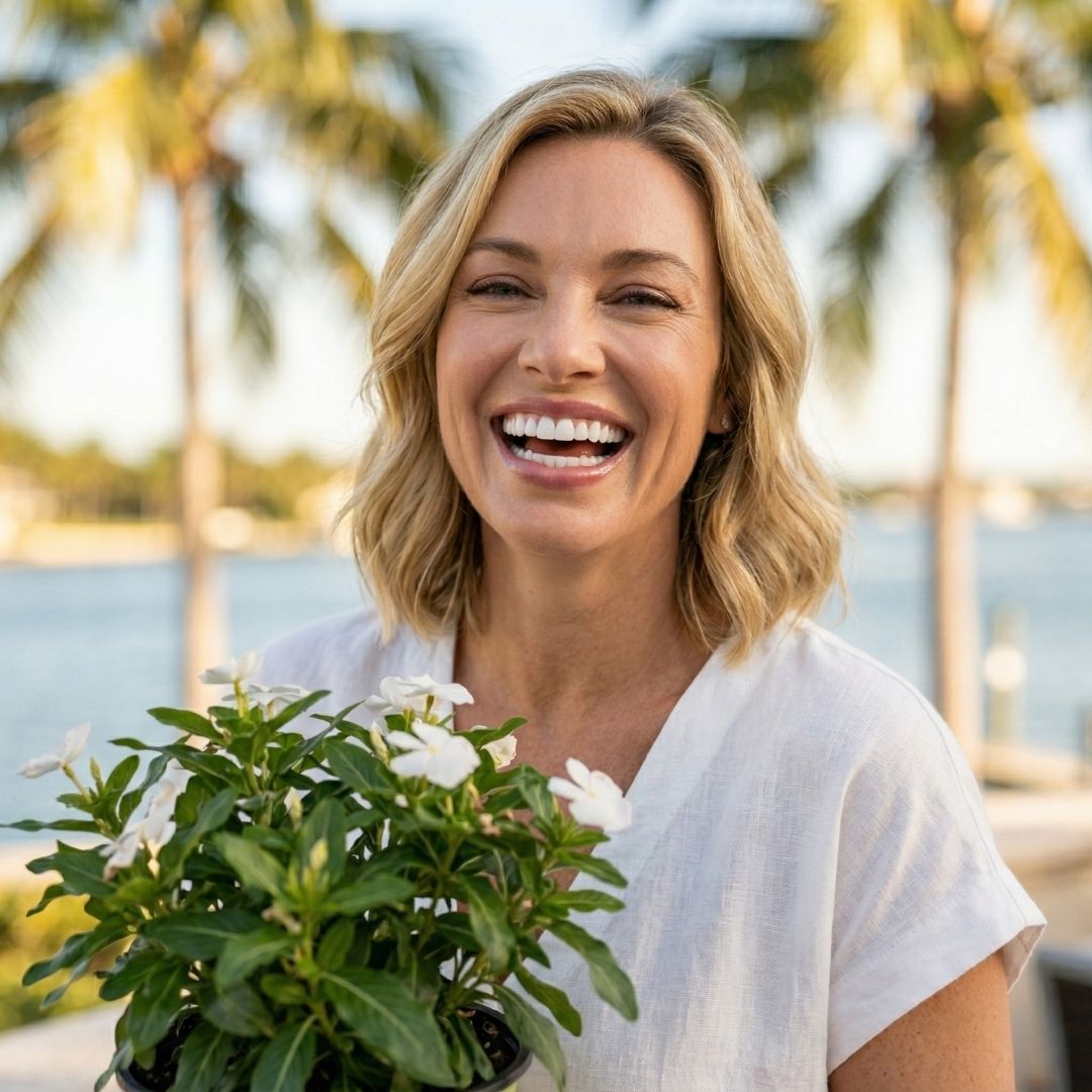 a confident woman laughing genuinely outdoors in Boynton Beach