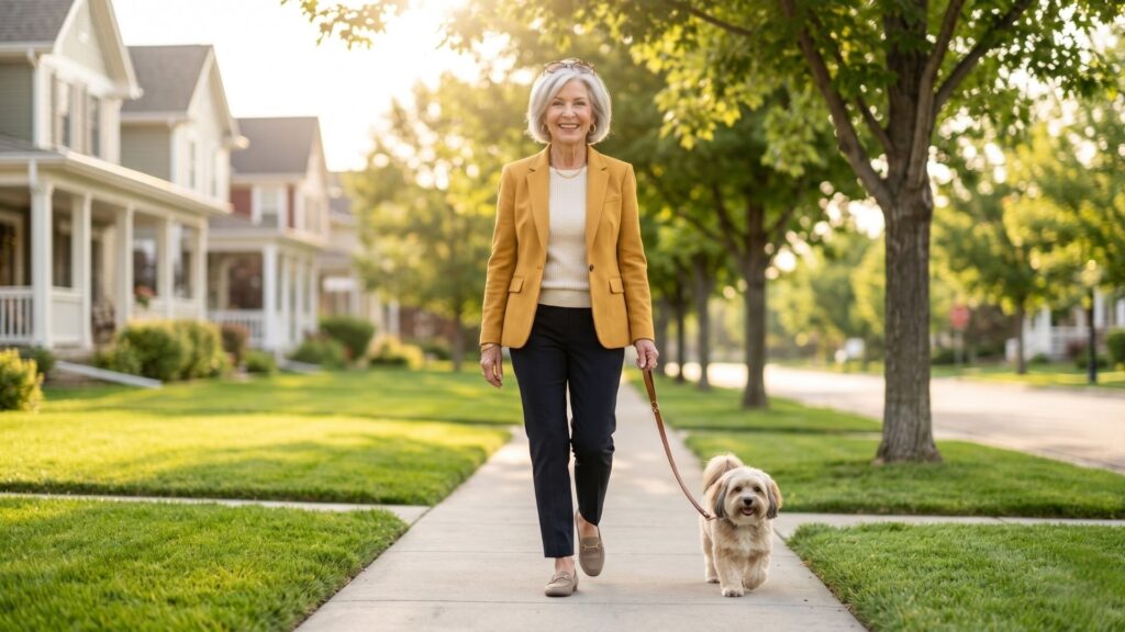 A stylish senior woman smiling confidently while walking her dog in a sunny neighborhood