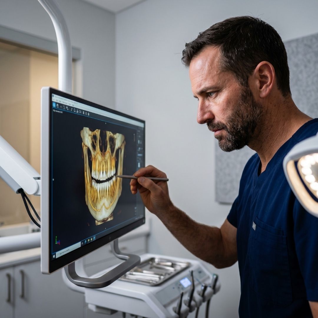 A dentist carefully examining a 3D digital scan of a patient's teeth on a monitor
