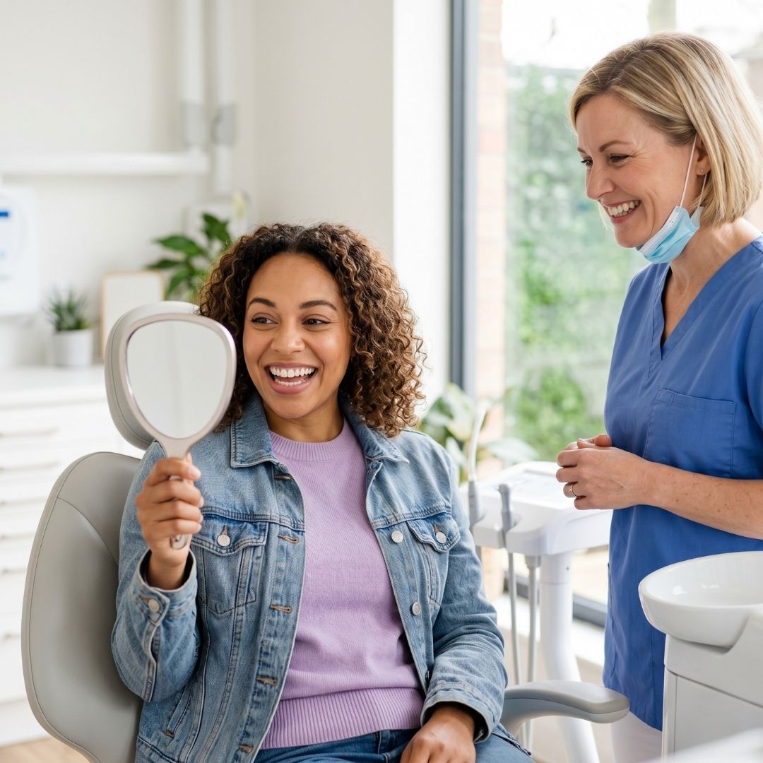A smiling patient happily looking at her teeth in a hand mirror alongside a dental professional