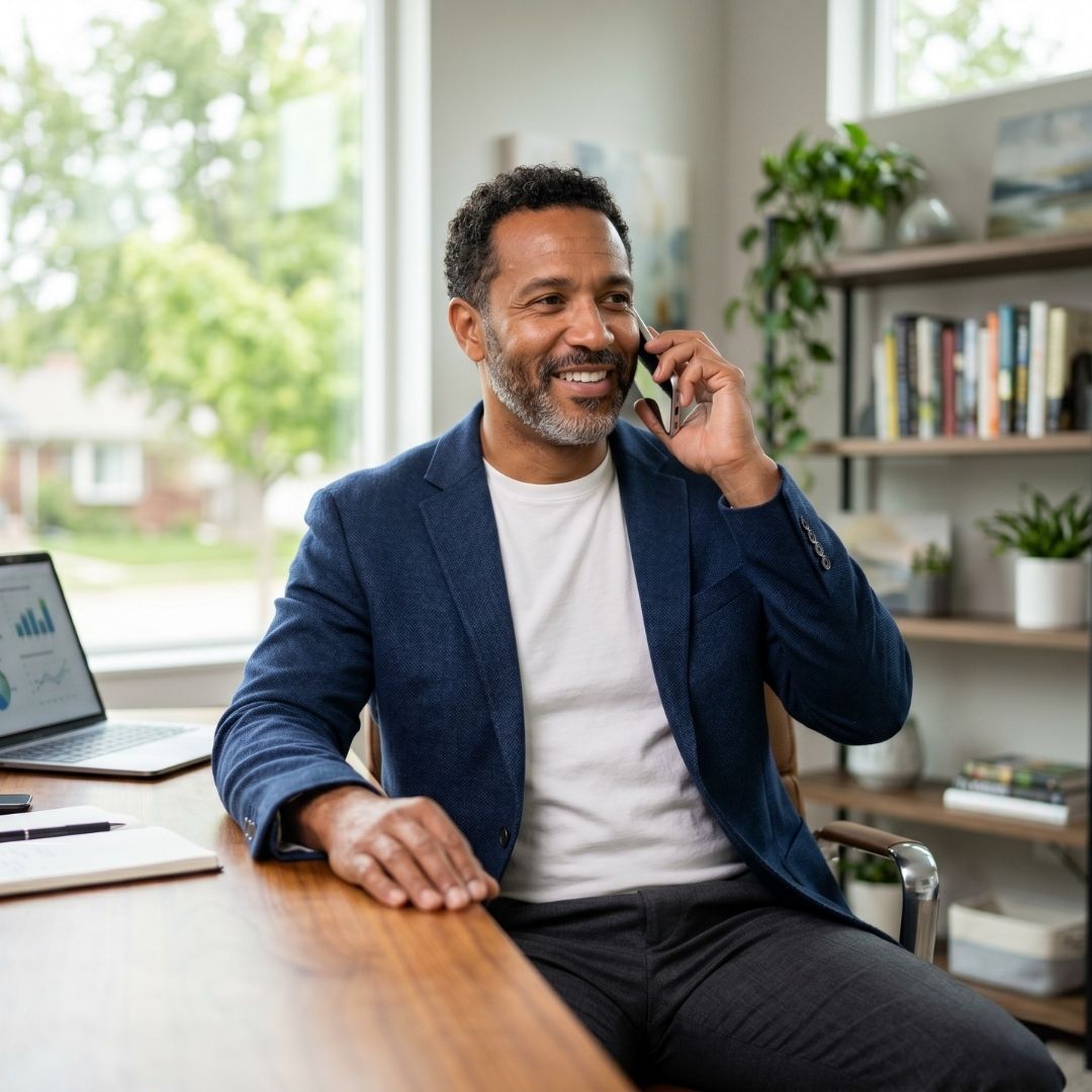 A smiling man sitting at his home office desk having a positive conversation on his smartphone