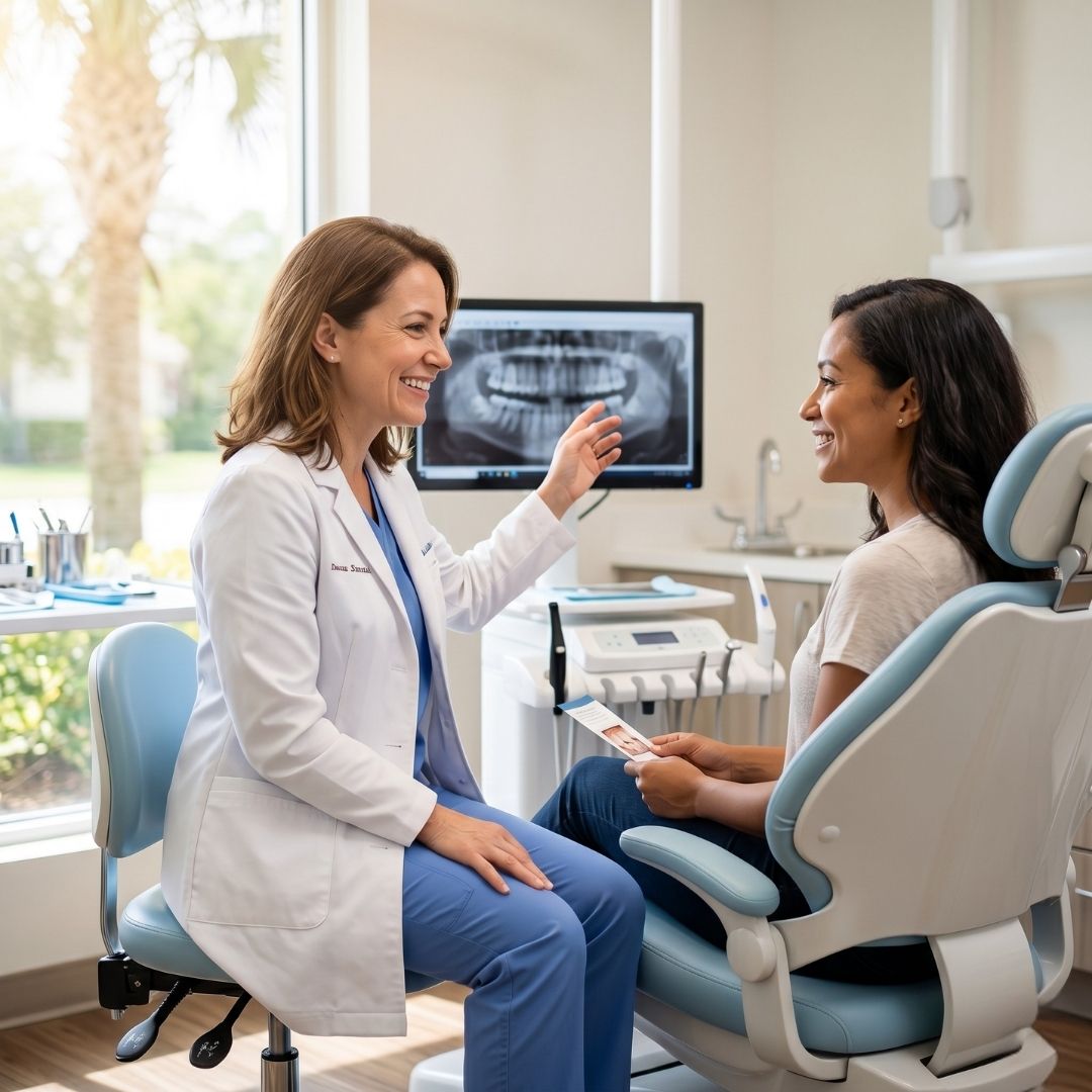 A friendly dentist in a white coat explaining a treatment plan to a smiling patient in a modern dental clinic