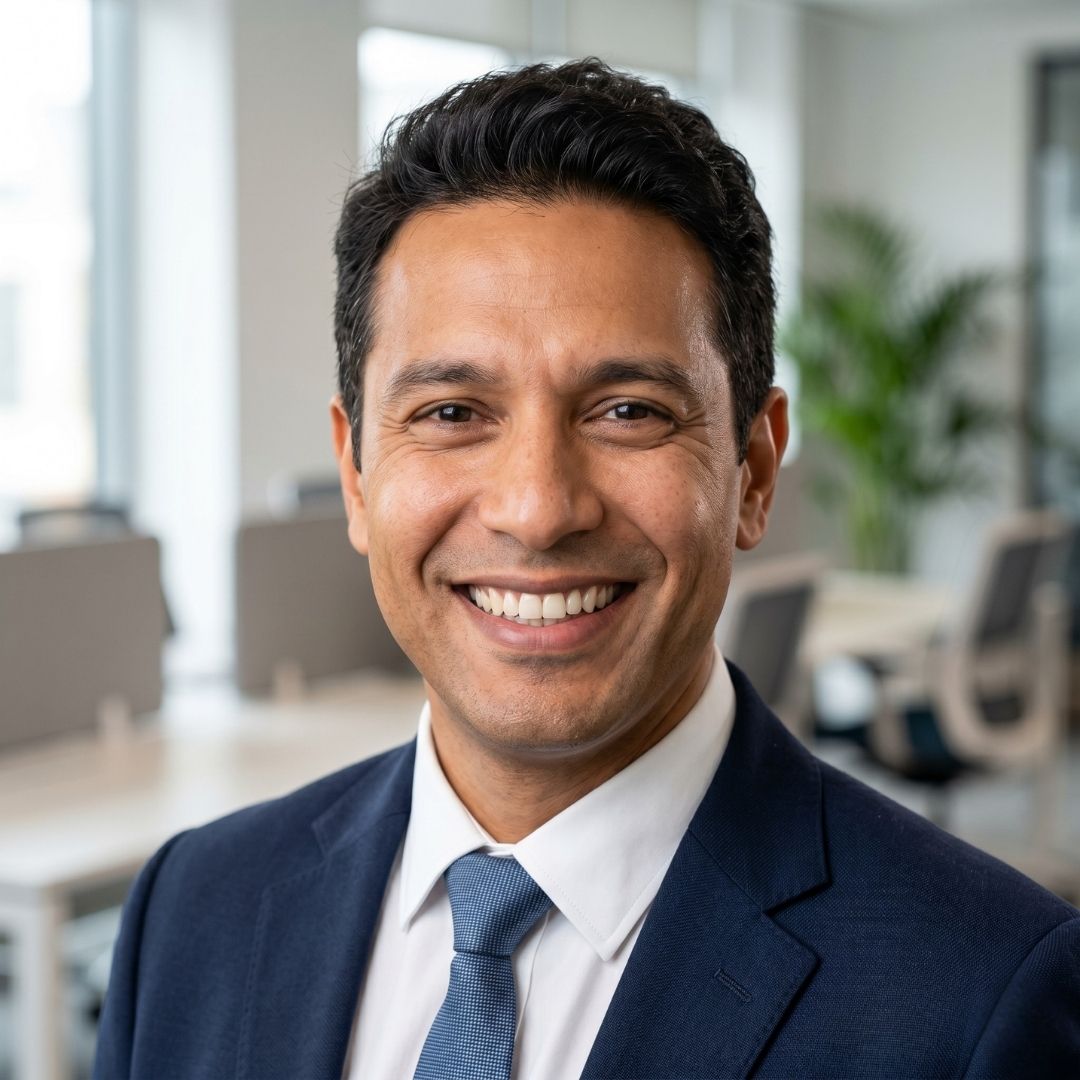 Close-up portrait of a confident professional man in a suit smiling warmly in an office settin
