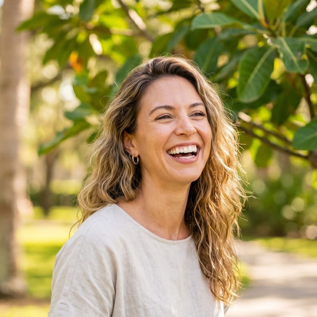 A happy woman with wavy hair laughing outdoors surrounded by bright green trees