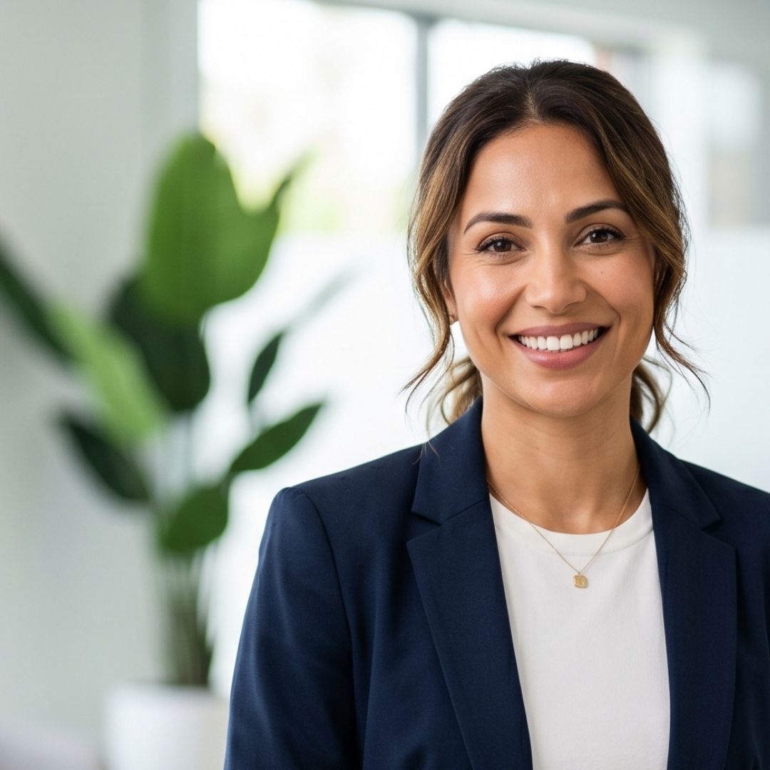 A confident professional woman in a navy blazer smiling warmly in a brightly lit room